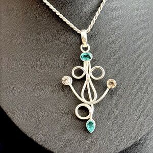 Modern Artisan Sterling Silver Gemstone Pendant on Thick 20” Twisted Chain